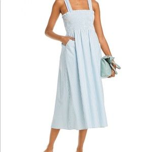 Aqua blue white striped smocked midi dress
